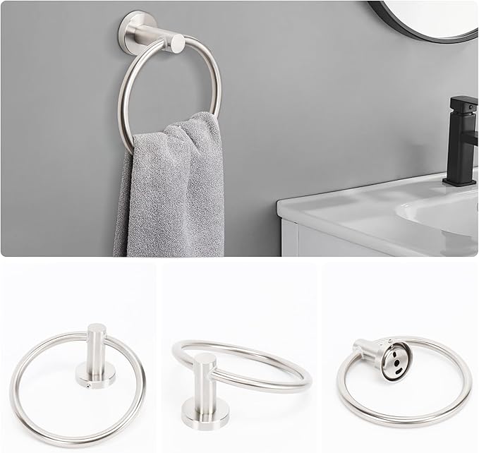 NearMoon 5 Pieces Bathroom Hardware Set SUS304 Thicken Stainless Steel-Towel Rack Kit Include 24" Towel Rod +Bath Towel Ring +Toilet Paper Holder +2 Robe Towel Hooks Bath Accessories (Nickel)