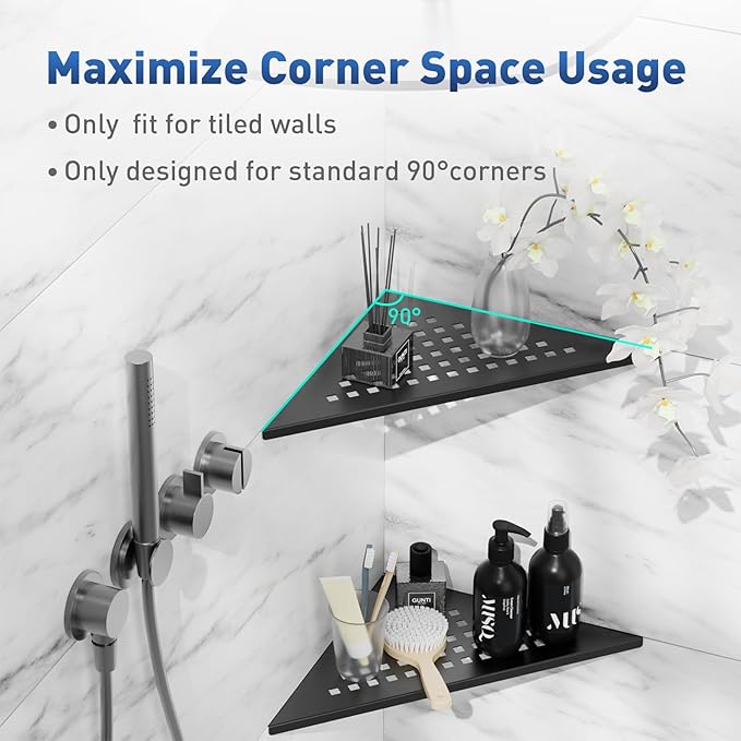 lives Corner Shower Shelf 10" Slot Design Recessed Matte Black Shower Shelves for Tiled Wall, 304 Stainless Steel Corner Shelves for Bathroom, 2 Pack (Square)