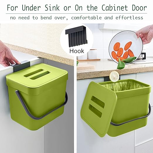 LALASTAR 1.8 Gallon Hanging Trash Can, Green, Plastic, Compost Bin Indoor Kitchen Sealed, Small Trash Can with Lid, Mountable