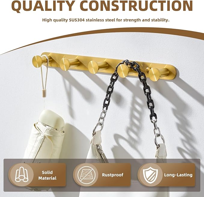 Angle Simple Towel Hook Rack Brushed Dark Gold, SUS304 Stainless Steel Bathroom Hook Rail 5 Hooks, Utility Kitchen Towel Holder, Wall Mount