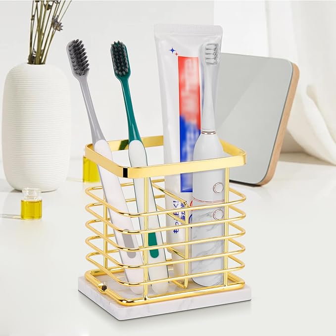 Toothbrush Holder, Luxurious Metal Toothbrush Toothpaste Holder with Marble Base for Bathroom, Multi-Slots Openwork Design, Bathroom Accessory for Storage and Organizer (Small, Gold)
