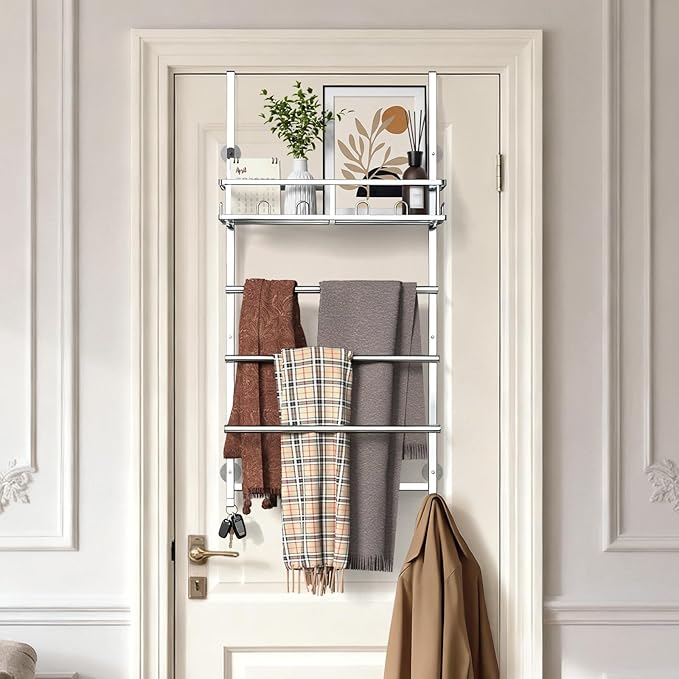 Aetyord Towel Racks for Bathroom Over The Door Towel Rack Towel Storage with Metal Shelf Basket and Hooks Silver