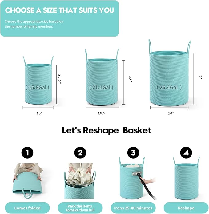 Laundry Basket Hamper Tall Rope Storage Woven for Blanket toys Dirty Clothes in Living Room Bathroom Bedroom (Cyan, 80L/21.3Gal)