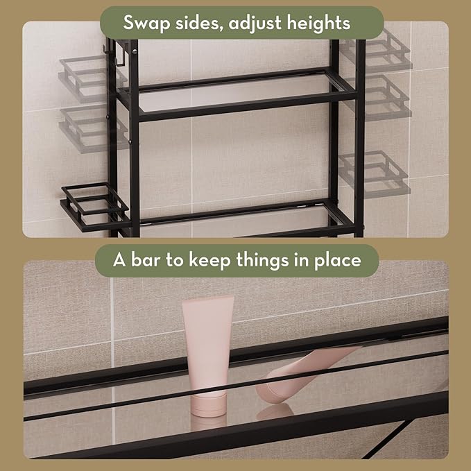 SAYGOER Glass Over The Toilet Storage Rack, 3-Tier Over-The-Toilet Storage, Adjustable Shelf Bathroom Organizer, Black Space Saving Shelves