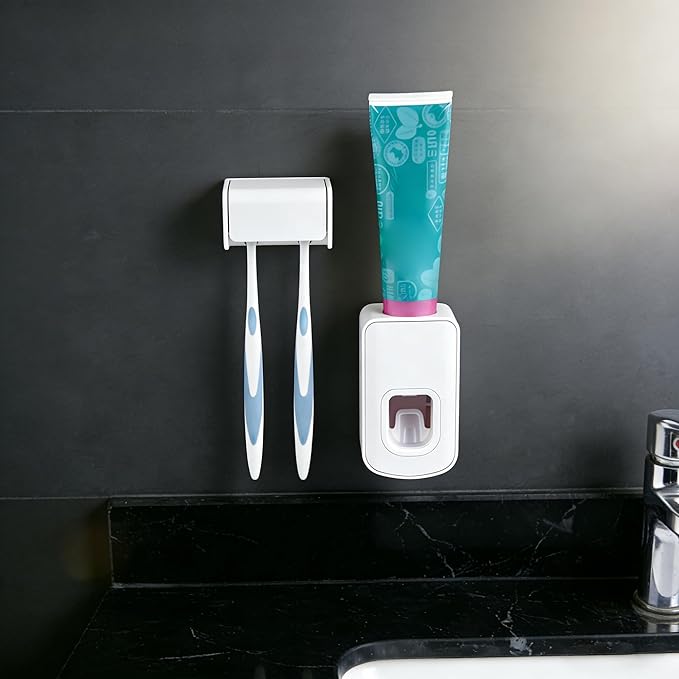 Toothbrush Holder Wall Mounted with Cover for Bathroom, 2 Slots Toothbrush Storage Organizer for Shower, Self Adhesive Toothbrush Hanger with Automatic Toothpaste Squeezer Dispenser