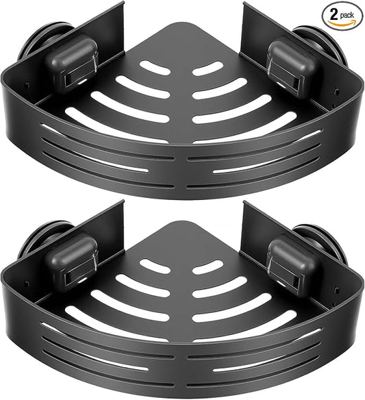 2 Pack Corner Shower Caddy Suction Cup Rust-proof aluminum alloy With 4 hooks No drilling required Removable Waterproof Bathroom Storage Rack for Shampoo, Shower Gel, Razors (gunmetal gray)
