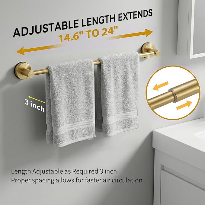 Stainless Steel Suction Cup Towel Bar, Adjustable Towel Racks for Bathroom (14.6-24 Inch) - Bathroom Towel Holder Wall Mounted for Glass Shower Door & Wall (Brushed Gold)