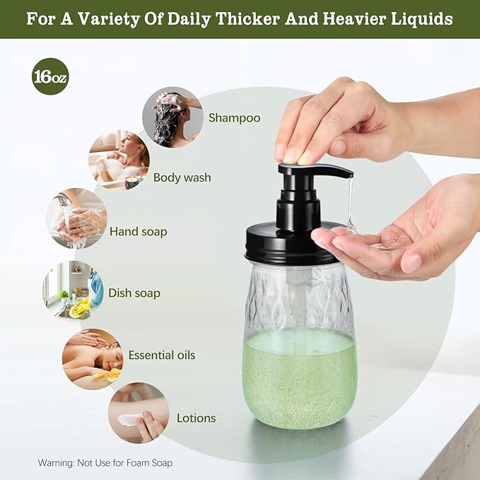 Amolliar Plastic Soap Dispenser with Pump Lid, 16 Oz Refillable Bathroom Hand Dish Soap Dispenser Set, Clear Kitchen Liquid Dispenser with Cute Lables for Farmhouse Shower (1 Pack, Black)