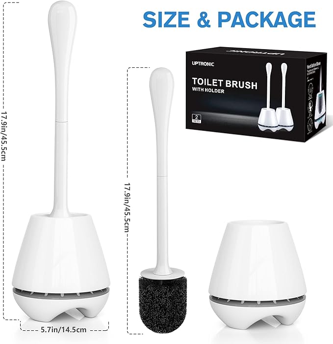 Toilet Brush and Holder 2 Pack, Toilet Brush with Ventilated Holder, Toilet Bowl Brush with Long and Large Handle for Bathroom-Toilet-Cleaning-Bristles-Comfortable