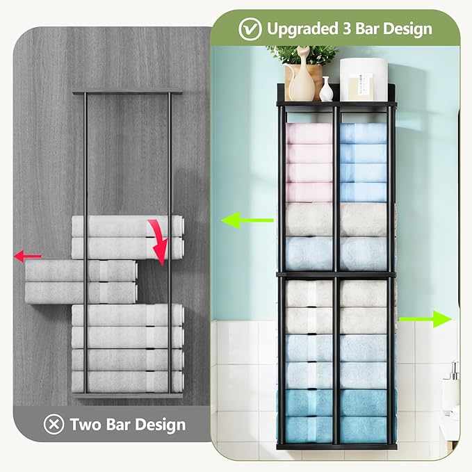 Towel Racks for Bathroom Wall Mounted with Shelf, Updated 3 Bar Bathroom Towel Holder Bath Storage Rack for Rolled Towel, Metal Small Bathrooms Towel Storage Rack, Black