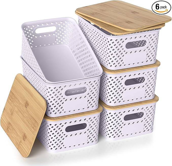 Plastic Storage Bins with Bamboo Lids, Stackable Small Box Baskets for Organizing and Containers for Shelves Drawers Desktop Closet Pantry Classroom Office Home, 6 Pack 10.2"x7.2"x4.1" Lavender