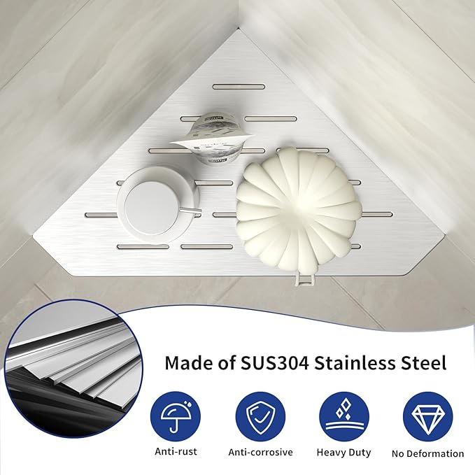 Corner Shower Shelf 10", Brushed 304 Stainless Steel Pentagonal Heavy Duty Floating Corner Shelf, Slot Design Recessed Bathroom Shelf for Tiled Wall