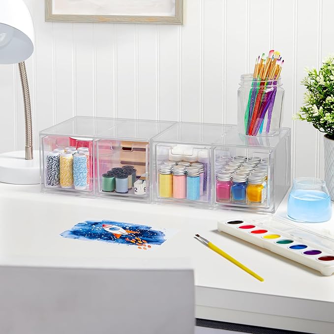 STORi Chloe Space-Saving Clear Drawer Organizer (4 Tall Drawers) Sort Office, Kitchen, Beauty Supplies, Makeup, Pens, Jewelry, Stationary, Made in USA