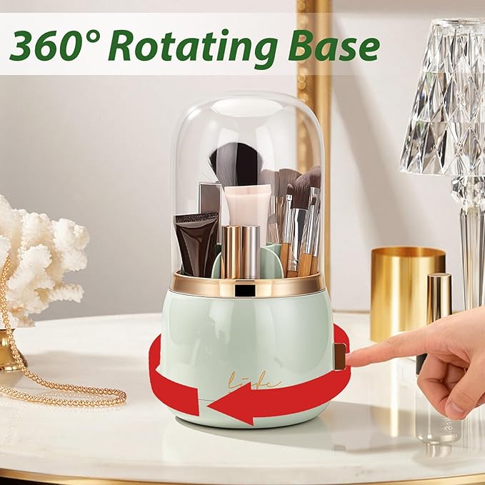 360º Rotating Toothbrush Holder with Cover, Dustproof Waterproof Cosmetic Organizer, 7-Slot Bathroom Countertop Organizer with Drainage for Makeup Brushes, Electric Toothbrushes, Toothpaste