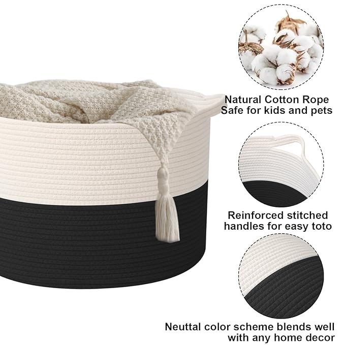 115L Extra Large Blanket Basket,Woven Rope Laundry Basket Hamper with Handles, Decorative Nursery Basket Storage Bin for Toys, Clothes Organizer, Living Room, Bedroom, Bathroom, White&Black