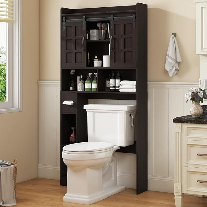 Halitaa Over The Toilet Storage Cabinet, Farmhouse Storage Cabinet Over Toilet with Sliding Doors，Home Space-Saving Toilet Rack, for Bathroom, Restroom, Laundry. Espresso