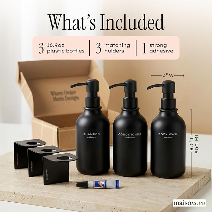 Shampoo and Conditioner Dispenser Wall Mounted Set of 3 Black - No Drill Shower Soap Dispenser for Bathroom Refillable - Spa Hotel Style Accessories by MaisoNovo