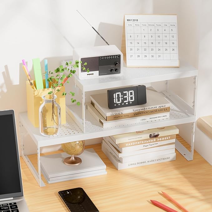 Stackable Expandable Metal Shelf Organizer, Adjustable Storage Rack, Heavy Duty Space Saver for Kitchen, Pantry, Bathroom, Countertop & Office(2Pack/Large/White)