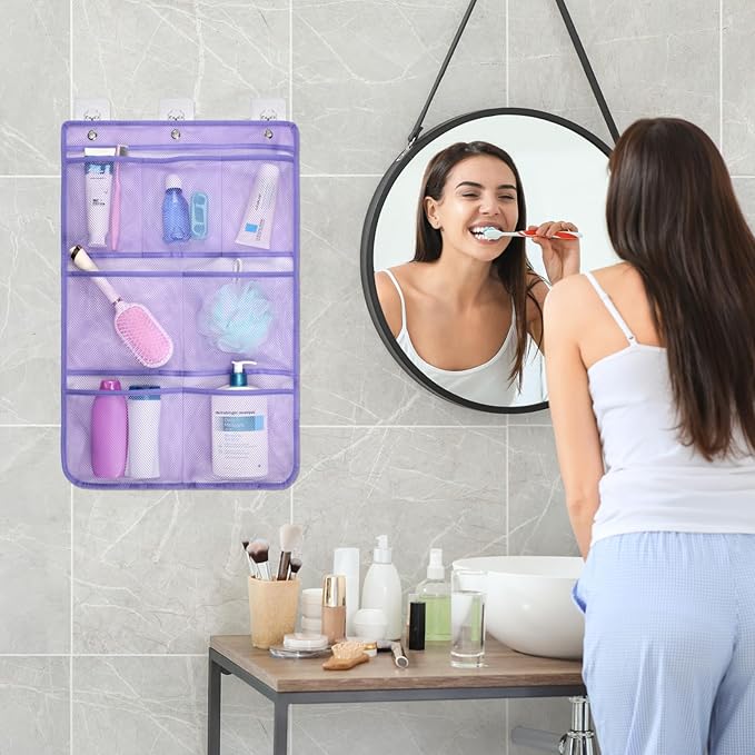 F-color Cruise Essentials 2026 - Mesh Shower Organizer Hanging with 7 Pockets for RV Gym Camping, Quick-Dry Portable Toiletry Bag with Metal Hooks for Bathroom Travel Toiletries, Purple+Purple
