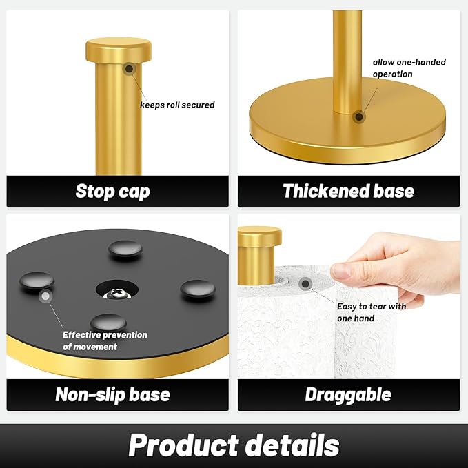 VEHHE Gold Paper Towel Holder Stand, Paper Towel Holder with Weighted Base and Suction Cups for Kitchen Bathrooms