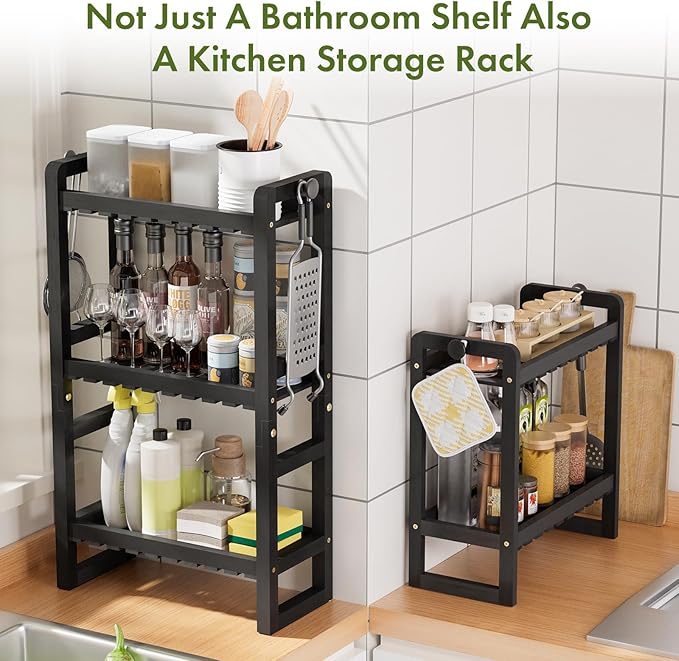 AmazerBath Bamboo Over The Toilet Storage Shelf - 3-Tier Bathroom Organizers and Storage Shelves, 2 in 1 Dual Stable Above Over Toilet Bamboo Shelf Home Storages Rack for Small Bathroom, Black