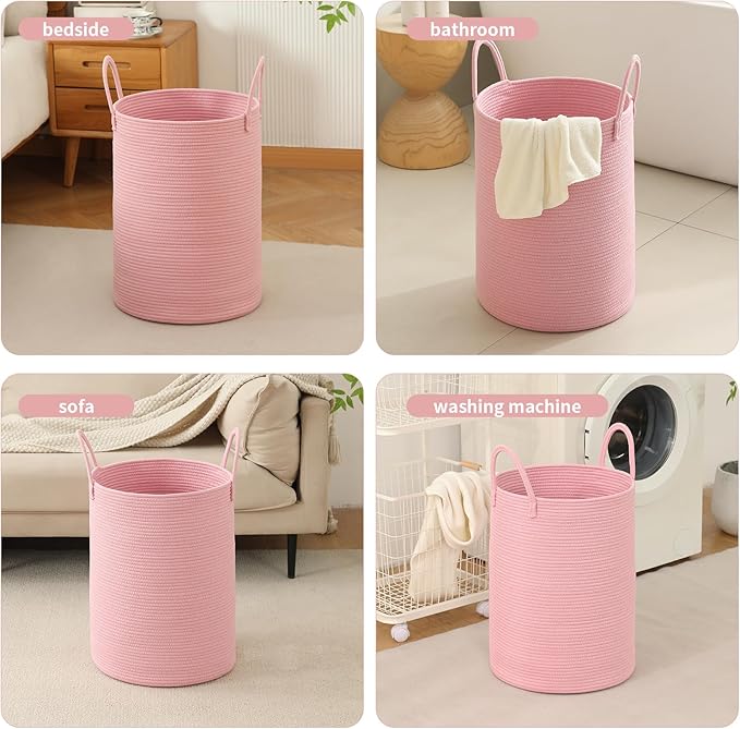 Laundry Basket Hamper Tall Rope Storage Woven for Blanket toys Dirty Clothes in Living Room Bathroom Bedroom (Pink, 80L/21.3Gal)