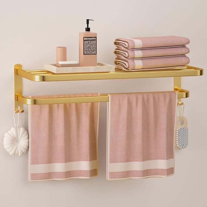 23 Inch Gold Bathroom Towel Rack Towel Shelf with Double Towel Bars Lavatory Wall Mount Holder with Hooks Golden Stainless Steel Hotel Bath Rack