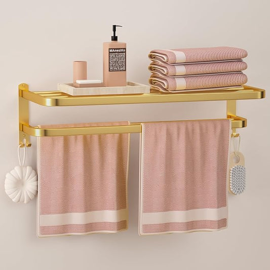 23 Inch Gold Bathroom Towel Rack Towel Shelf with Double Towel Bars Lavatory Wall Mount Holder with Hooks Golden Stainless Steel Hotel Bath Rack