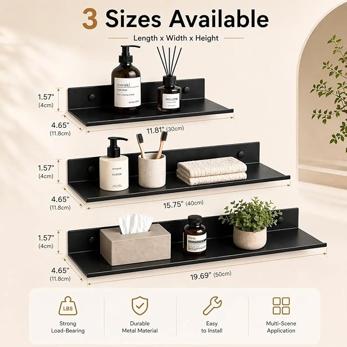 Z metnal Bathroom Shelf, Small Floating Wall Shelves, Decorative Ledge Shelf, Aluminum, Wall Mounted, Matt Black, 20/16/12 inch, 3 Set