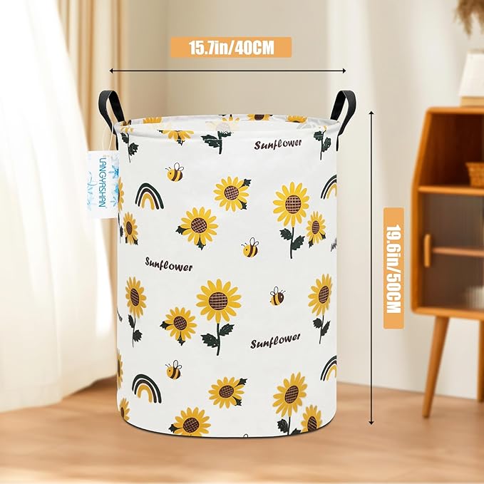 Storage Bin, Canvas Fabric Collapsible Organizer Basket for Laundry Hamper,Toy Bins,Gift Baskets, Bedroom, Clothes,Baby Nursery (Sunflower)