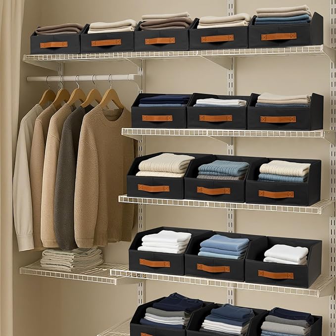 Homsorout Fabric Storage Bins for Organizing - 10 Pack Large Trapezoid Collapsible Storage Bins with Front Handle, Closet Organizers and Storage for Bedroom, Home Shelves, Small Spaces, Black