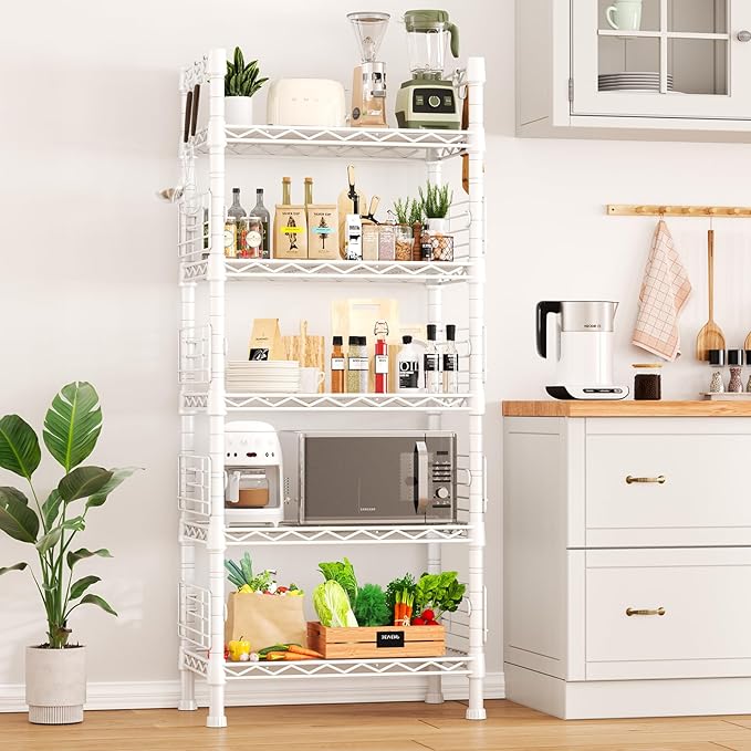FUTASSI Metal Storage Rack, Storage Organizer Shelves for Kitchen, Bathroom, Living Room, Balcony and Garage, 5 Tiers Narrow Bookshelf, 21.2" W x 9.4" D x 59.2" H, Load 400lbs, White