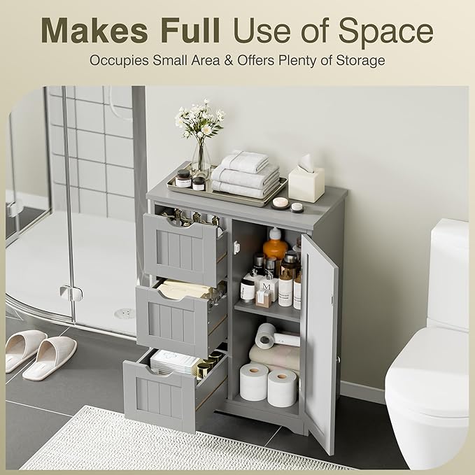 SUPER DEAL Bathroom Storage Cabinet with 3 Drawers and 1 Door, Entryway Home Decor Furniture Towels Storage Organizer Unit, Grey