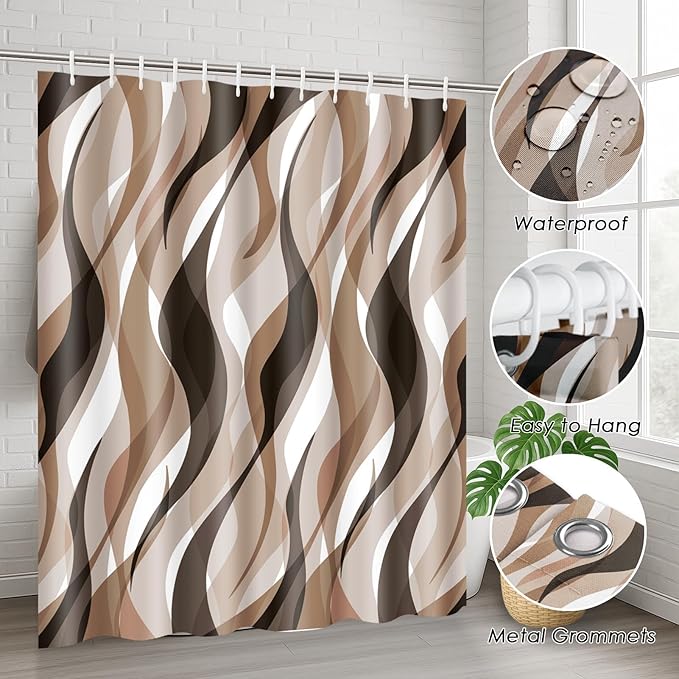 Brown Shower Curtain Set with Toilet Lid Cover and Non-Slip Rugs for Bathroom, Geometric Lines Ombre 4 Pcs Shower Curtain, Simple Abstract Modern Bathroom Set with 12 Hooks
