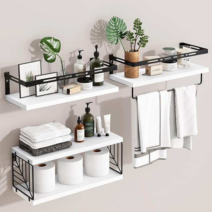 Fixwal Wall Mounted Bathroom Shelves Over Toilet, Rustic Wood Floating Shelves with Metal Frame and Towel Bar for Bathroom, Kitchen, Bedroom, Living Room (3 Plus 1 White)