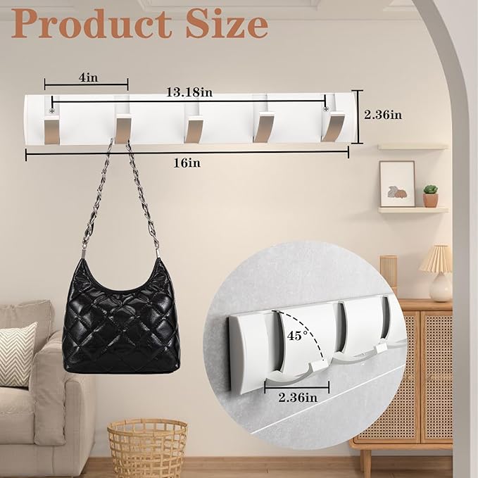 Folding Coat Hooks, Wall Mounted Coat Rack with 5 Retractable Hooks, Heavy Duty Towel Rack for Bathroom Wall Hook for Hanging Clothes, Stainless Steel Coat Hanger for Entryway(White/Sliver)