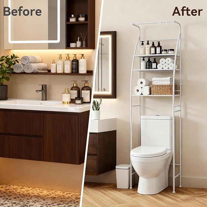 3-Tier Over The Toilet Rack,Bathroom Shelf Space Saver,Corner Stand Storage Organizer Accessories,The Over The Toilet Storage,with Hanging Rod,Tower Shelf,White(White-fcksj, one Size)