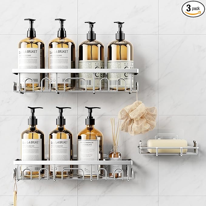 Shower Caddy, 3 Pack Shower Shelves for Inside Bathroom, Rustproof Adhesive Bathroom Organizer with Soap Holder, No Drilling Washroom Organizers and Storage for Tub Room/Kitchen/Home, Silver
