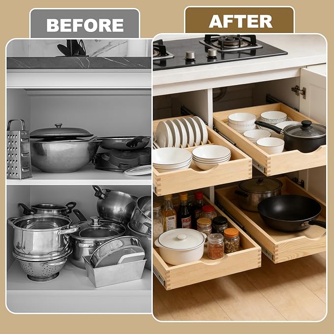 14" Pull Out Cabinet Drawer (Fits 15" Cabinet Opening), Wood Slide Out Cabinet Shelf Organizer with Ball Bearing Slides, Clear Lacquer Finish, Heavy Duty Kitchen Cabinet Pull Out Shelves