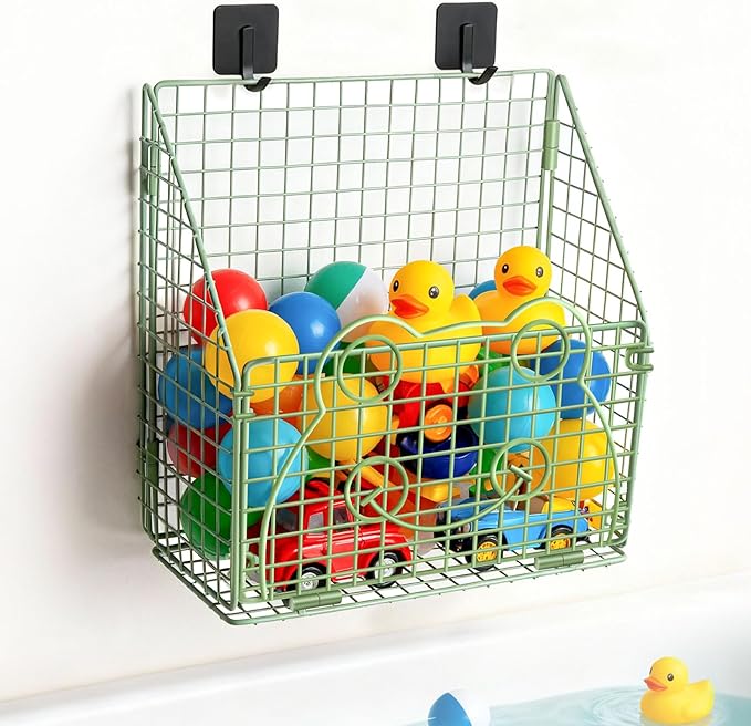 Greentainer Bath Toy Storage Organizer, Large Rustproof Metal Wire Basket, Foldable Wall Mounted Hanging Bathtub Toy Holder with Drainage, No Drilling Adhesive Shower Caddy for Bathroom Tub