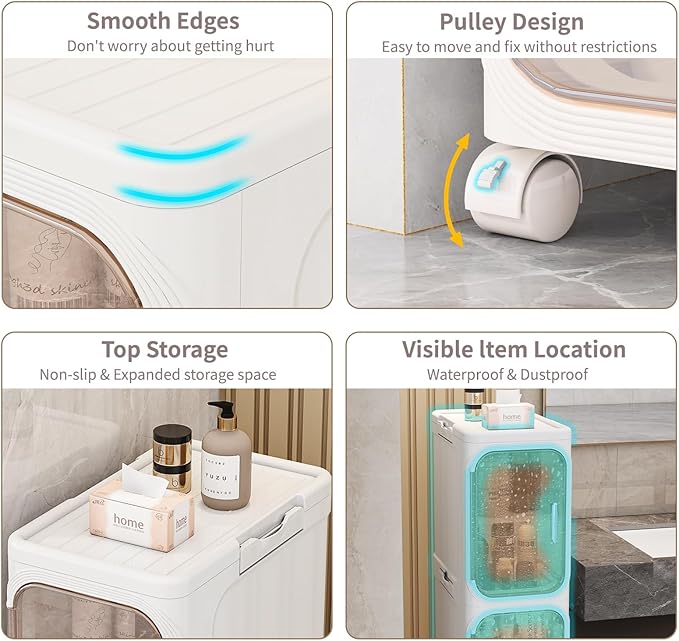 5-Tiers Slim Bathroom Storage Cabinet, Foldable Storage Cabinets,Narrow Bathroom Storage,Movable Bathroom Storage Organizer for Small Spaces,Bathroom,Kitchen,Laundry, Beige