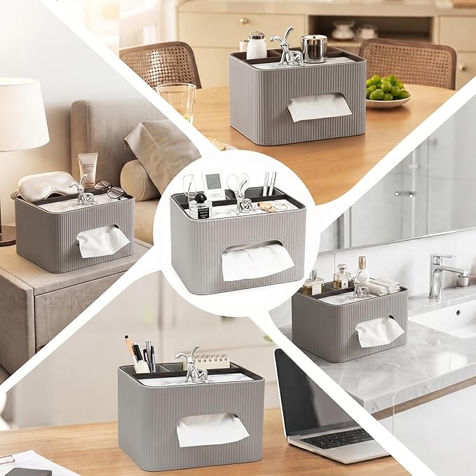 Tissue Box Cover Rectangle with Storage Organizer,Grey Leather Tissue Box Cover for Bathroom, Night Stands,Office Desk,Living Room, Decorative Tissue Holder,Compact Size for car Tissue Refills