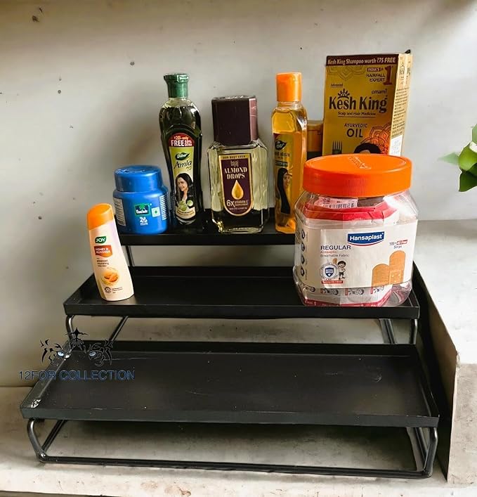 Iron Metal Heavy Duty Stand 3-Tier multistorage/Multipurpose Standing Rack for Home, Bathroom Countertop Storage Shelf, Cosmetic Organizer Holder Kitchen Spice Rack, Black