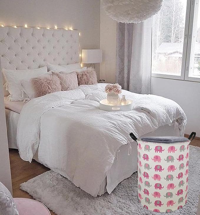 Round Pink Elephant PatternLaundry Hamper Storage Basket Fabric Material Storage Hamper Organization Basket, Storage Bin, Gift Box with Handles for Room