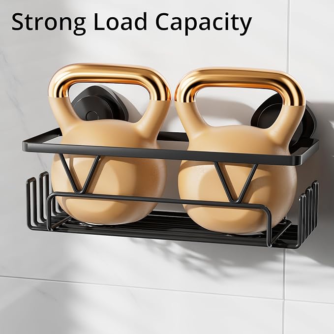 KEGII Shower Caddy Suction Cup with Hooks, Large Capacity Shower Suction Shelf, Heavy Duty Bathroom Organizer, No Drilling Stainless Steel Shampoo Holder for Bathroom Storage, Black
