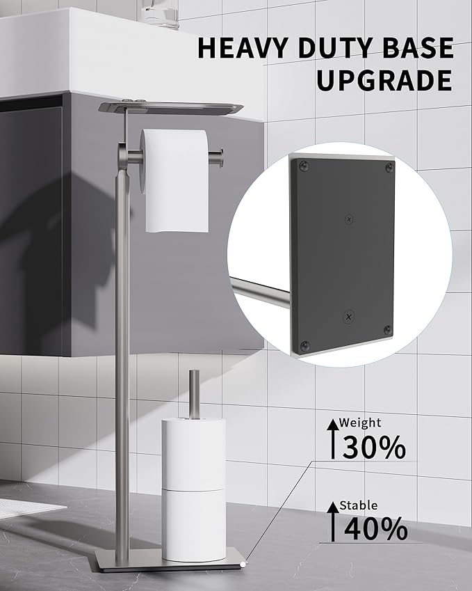 Toilet Paper Holder Stand, Free Standing Toilet Paper Holder with Shelf for Bathroom, Stainless Steel Brushed Nickel Toilet Paper Roll Holder with Storage, Reserve for 3 Rolls, Weighted Base