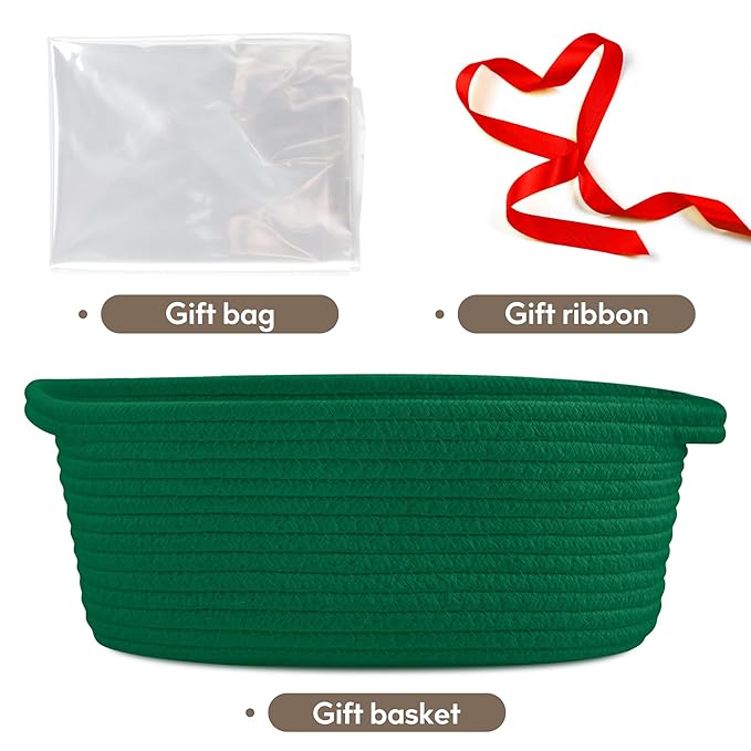 Pro Goleem Small Woven Basket with Gift Bags and Ribbons Durable Baskets for Gifts Empty Small Rope Basket for Storage 12"X 8" X 5" Baby Toy Baskets with Handles, Green