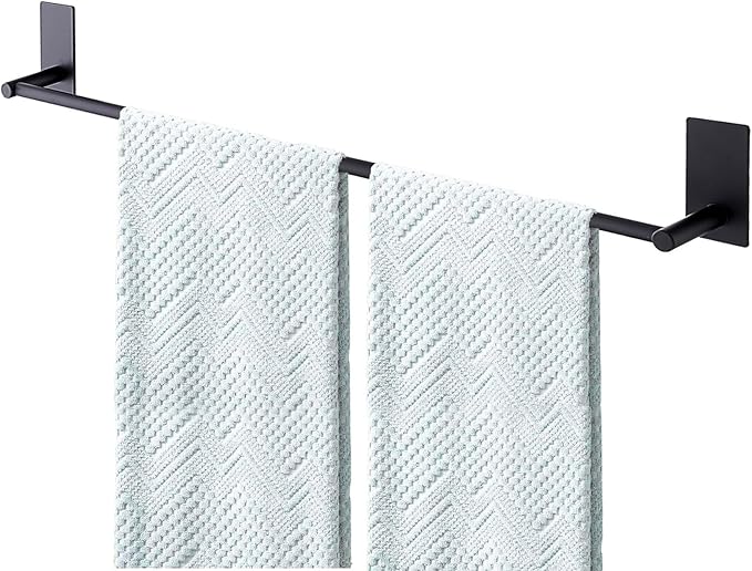 Adhesive Bath Towel Bar 24-inch Black, No Drill Stick On Towel Rack, Easy Install with Self-Adhesive, Premium SUS304 Stainless Steel (Black, 24)
