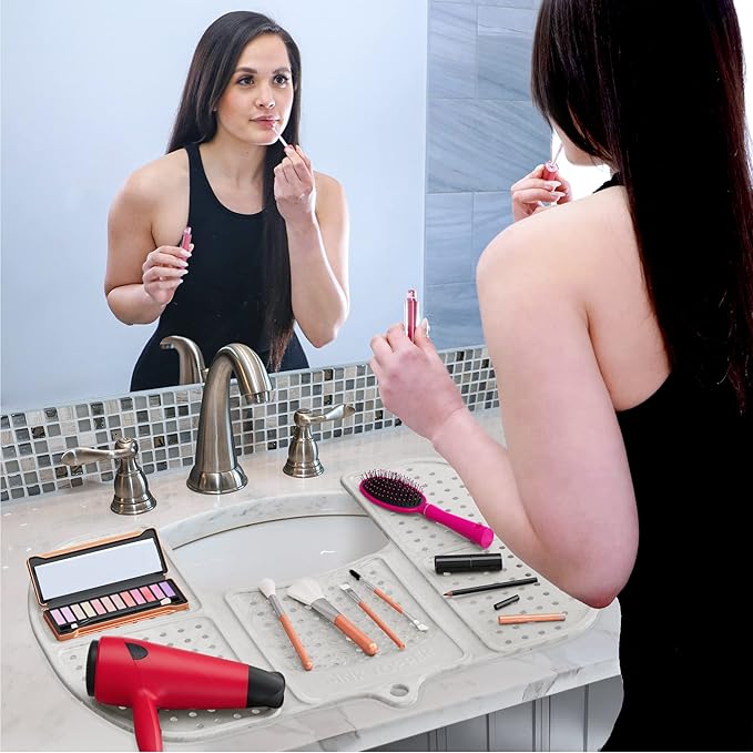 Sink Topper Bathroom Counter Cover & Storage Saver, Foldable Silicone Mat for Hot Tools, Hair Styling & Makeup, Beauty Brush Cleaning Mat, RV Camper Sink Cover & for Small Spaces (Large Pearl)