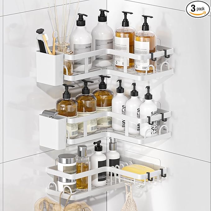3 Pack Corner Shower Caddy Organizer, Rustproof Corner Shower Shelves, No Drilling Bathroom Corner Shelf with Hooks and Toothpaste Holder